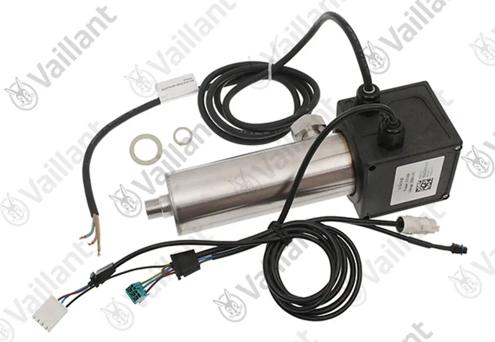 Vaillant Zusatzheizung mit einem metallischen Gehäuse, mehreren Kabeln und Anschlusssteckern. Enthält Teile wie O-Ringe und Verbindungselemente für die Installation.